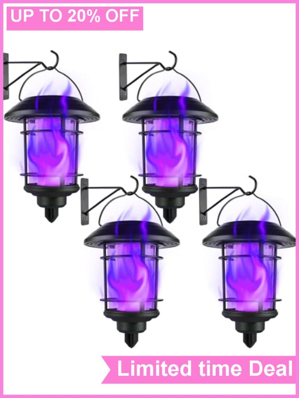 Solar Purple Flickering Flame Wall Lanterns Outdoor Hanging Lights 4 Pack